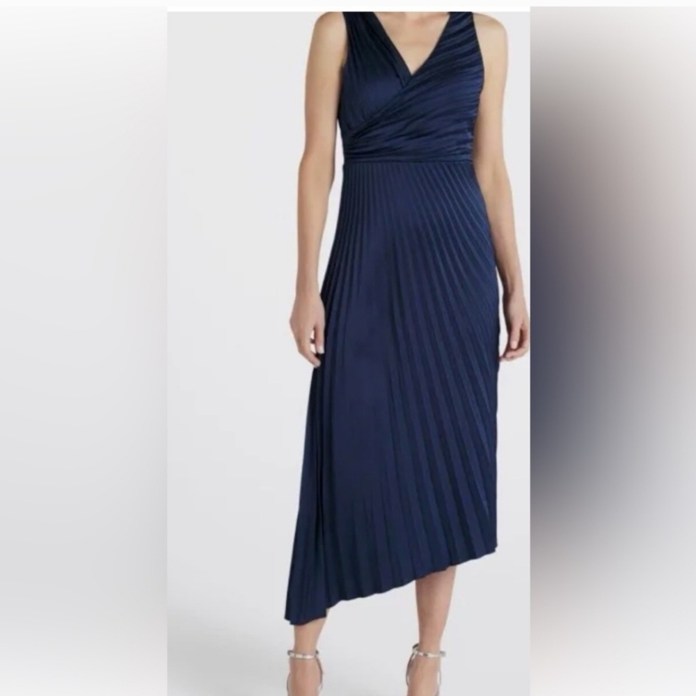 New Sam Edelman blue pleated asymmetric slant hemline satin dress. Size 6
